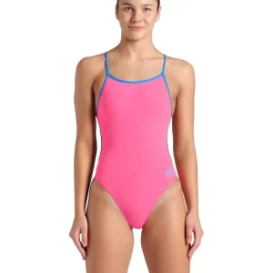 Maillot de bain une-pièce Lace Back Solid pour femmes - Shocking Pink/Rivière bleu