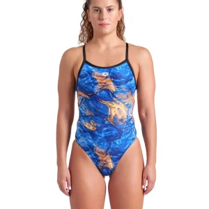 Maillot de bain une-pièce Gold Leaves Challenge Back pour femmes - Bleu rivière/Noir